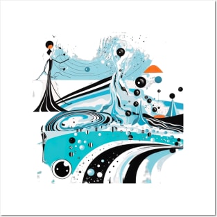 Whimsical Water Drops: A Modern Abstract Black and White Drawing Illustration of a Sky-Blue and Aquamarine Person Posters and Art